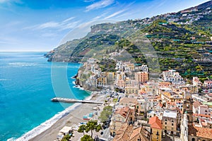 Aerial view of Minori, Amalfi Coast, in Campania region of Italy