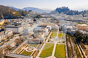 Aerial view of the Mirabell Gardens and the buildings in Salzburg, Austria