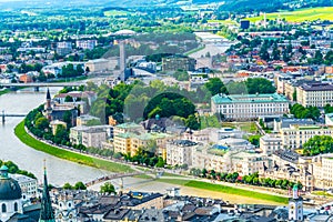 Aerial view of the Mirabell palace and the salzach river in Salzburg, Austria....IMAGE