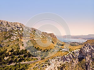 Aerial view of Mirador Es Colomer viewpoint, Cap De Formentor, Mallorca. Known as meeting point of the winds. Very