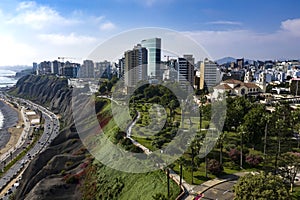 Aerial view of Miraflores park and Larcomar, drone shot of Lima`s cityscape photo