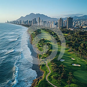 Aerial View of Miraflores Shoreline with Domodossola Park and Larcomar Shopping Mall on Clear Day - Lima Cityscape Drone photo