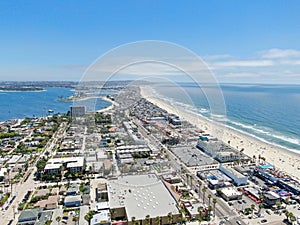 Aerial view of Mission Bay and pacific beach coastline in San Diego.California