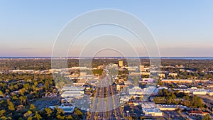 Aerial view of Mobile, Alabama at sunset from above airport blvd