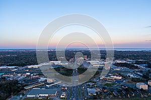 Aerial view of Mobile, Alabama at sunset from above airport blvd