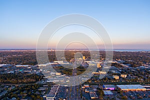 Aerial view of Mobile, Alabama at sunset from above airport blvd