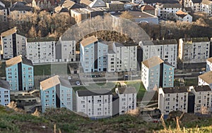 Aerial view of modern apartment buildings in Dumbiedykes housing estate area