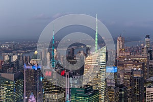 Aerial view of the modern buildings and street in Night in New York