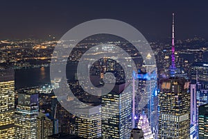 Aerial view of the modern buildings and street in Night in New York