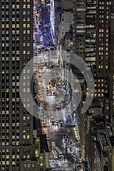 Aerial view of the modern buildings and street in Night in New York