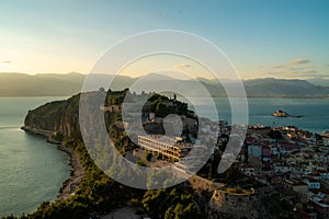 Aerial view of modern buildings during sunset in Nafplion, Greece