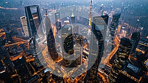 Aerial view of a modern city skyline with tall skyscrapers illuminated at night.