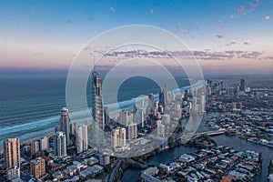 Aerial view of modern city after sunset. Concept tourism, travel. Gold Coast, Queensland, Australia