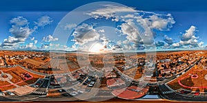 Aerial view of a modern city village in the countryside. Full spherical seamless panorama 360 degrees