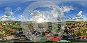 Aerial view of a modern city village in the countryside. Full spherical seamless panorama 360 degrees