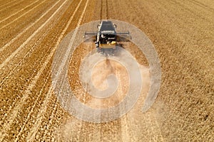 Aerial view of a modern combine harvester in action