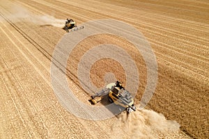 aerial view of modern combine harvesters in action