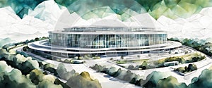 aerial view Modern corporate building architecture sketch design mix , blue green tones, over white