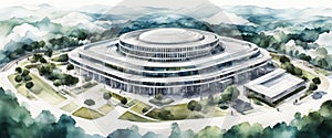 aerial view Modern corporate building architecture sketch design mix , blue green tones, over white