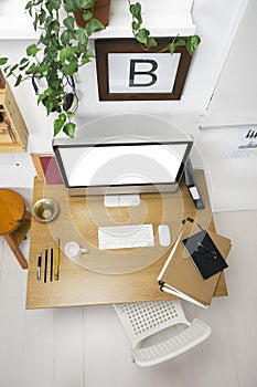 Aerial view of a modern creative workspace.