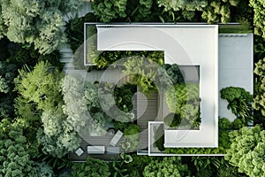 Aerial view of modern house with lawn surrounded by forest. By generative Ai