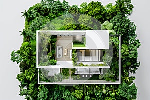 Aerial view of a modern house nestled among lush. By generative Ai