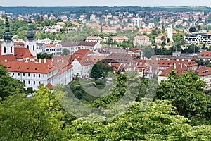 Aerial view of modern housing in the city of Prague, from Perin Hill.