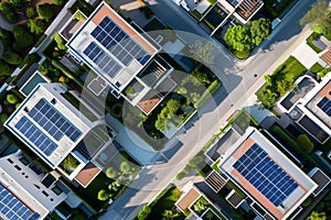 An aerial view of a modern housing development. each house with unique architectural style and solar panel arrays. By generative