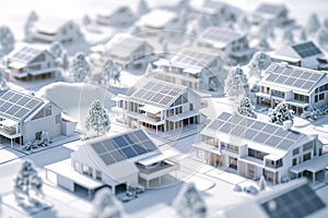 An aerial view of a modern housing development. each house with unique architectural style and solar panel arrays. By generative
