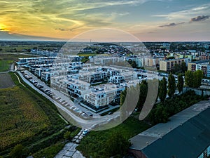 Aerial view of modern housing estate on the outskirts of Opole, Wodna Nuta in Opole at sunset photo