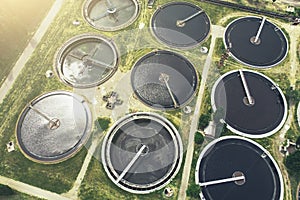Aerial view of modern industrial sewage treatment plant, drone photo