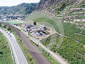 Aerial view of modern industrial sewage treatment plant beside the moselle river in germany