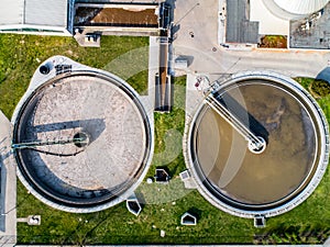 Aerial view of modern industrial sewage treatment plant beside the rhine river