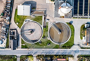 Aerial view of modern industrial sewage treatment plant beside the rhine river