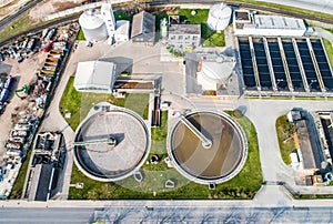 Aerial view of modern industrial sewage treatment plant beside the rhine river