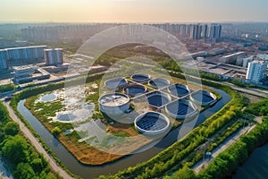 Aerial view of modern industrial sewage treatment plant at sunset illustration generative ai