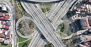 Aerial View Modern Multilevel Motorway Junction with Toll Highway, Road traffic an important infrastructure