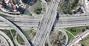 Aerial view modern multilevel motorway junction with toll highway, road traffic an important infrastructure