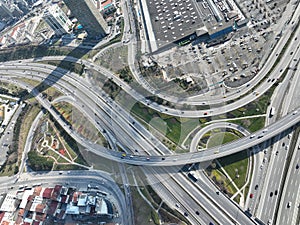 Aerial View Modern Multilevel Motorway Junction with Toll Highway, Road traffic an important infrastructure