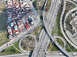 Aerial View Modern Multilevel Motorway Junction with Toll Highway, Road traffic an important infrastructure