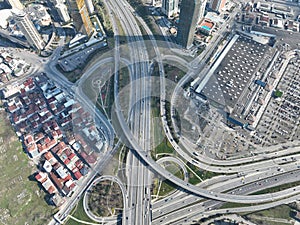 Aerial View Modern Multilevel Motorway Junction with Toll Highway, Road traffic an important infrastructure