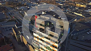 Aerial view of modern office building in Linkoping city, Sweden.