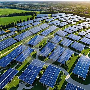 Aerial view of modern residential houses at suburb with solar panels on Renewable ecological green energy production