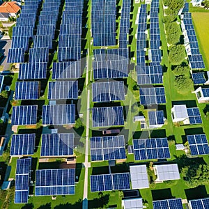 Aerial view of modern residential houses at suburb with solar panels on Renewable ecological green energy production