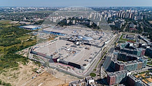 Aerial view modern shopping center Respublika in Kyiv, Ukraine. Drone cityscape