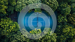 Aerial view of modern tennis court captured by drone for minimalist design enthusiasts