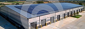Aerial view of a modern warehouse with solar panels on the roof an aerial drone photo.