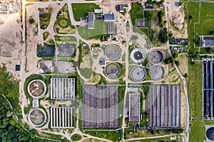 Aerial view modern wastewater sewage treatment plant of the city