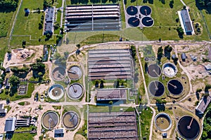 Aerial view modern wastewater sewage treatment plant of the city