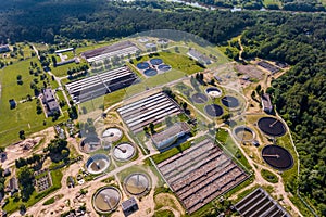 Aerial view modern wastewater sewage treatment plant of the city